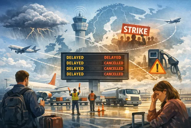 Chaotic airport departure board showing widespread flight delays and cancellations across Europe.