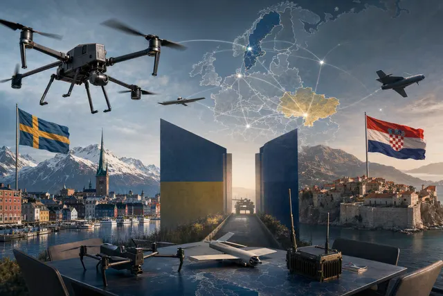 Editorial illustration of European and Ukrainian cooperation on interceptor drones