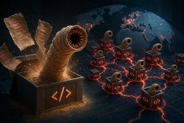 Concept illustration of a software supply chain attack spreading through npm packages