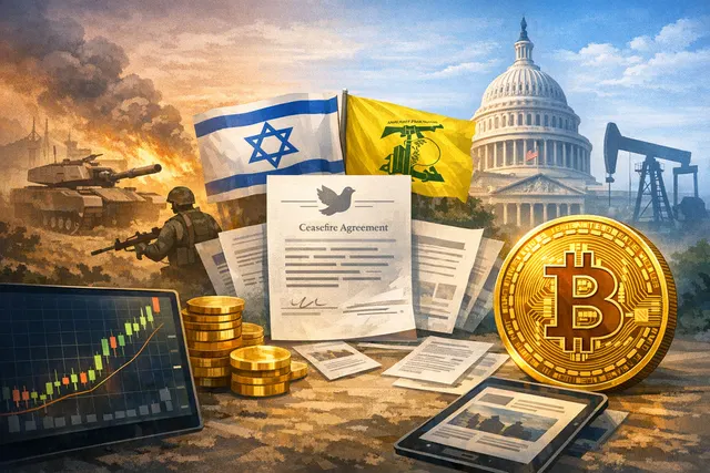 Bitcoin price chart superimposed over a stylized map of the Middle East, representing the connection between cryptocurrency markets and geopolitical events in 2026.