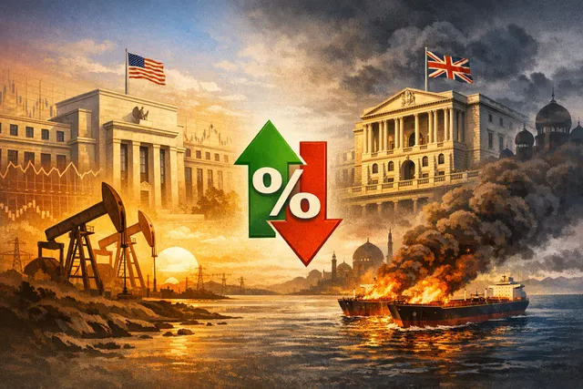 AI-generated illustration of the Federal Reserve and Bank of England buildings with oil barrels and inflation charts in the background