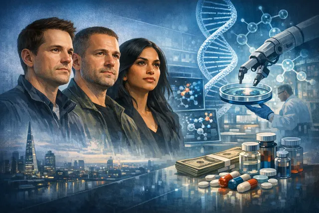 AI-driven drug development concept showing interconnected data nodes and molecular structures