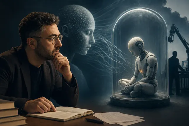 Editorial illustration representing the debate over AI consciousness, model welfare, and human control