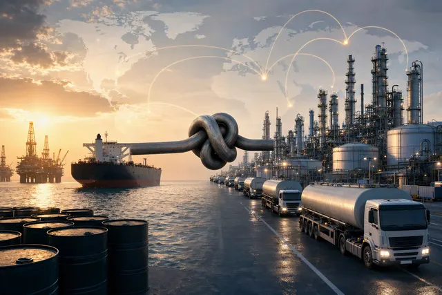 Illustration representing a global diesel supply squeeze, with fuel infrastructure and shipping routes under pressure