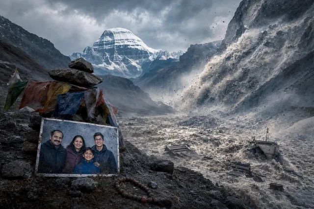 Illustration of a Himalayan flood and rescue search near the Nepal–Tibet border