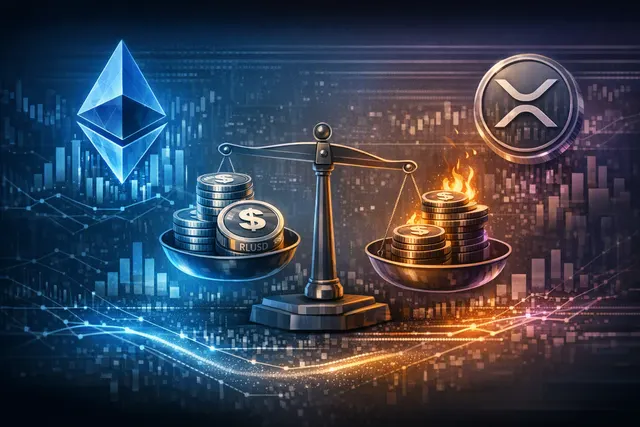 Illustration comparing Ethereum and the XRP Ledger as Ripple's RLUSD stablecoin supply approaches $2 billion