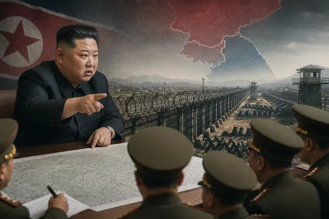 Illustration of fortified North Korea–South Korea border defenses and military buildup along the DMZ