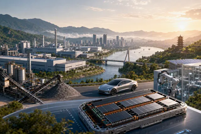 Editorial illustration of Yibin’s rise as a power-battery manufacturing hub