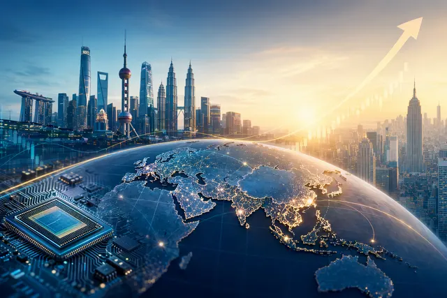 Illustration of global stock markets shifting toward Asian semiconductor powerhouses in emerging markets