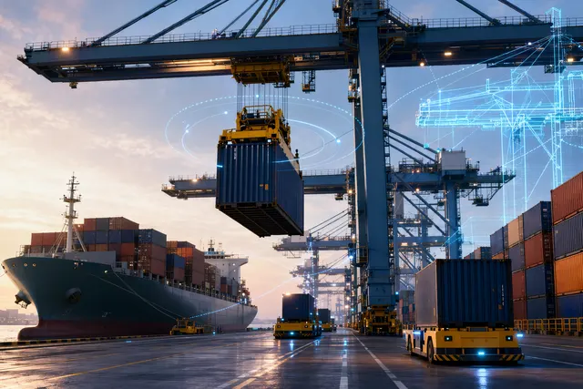 AI-powered quay crane automation handling containers at a port terminal