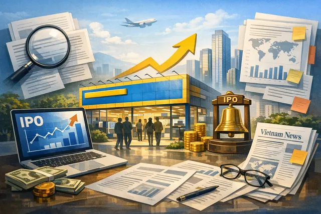 AI-generated editorial image representing Dien May Xanh's $505 million IPO in Vietnam, with financial charts and retail electronics imagery.