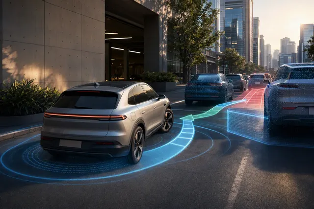 Illustrative image of a vehicle reversing on a road, representing assisted-driving technology