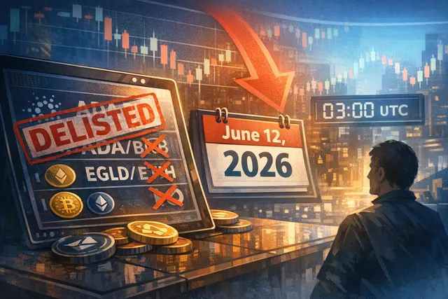 Binance delisting announcement shown on a screen with cryptocurrency trading pairs and a downward price chart in the background