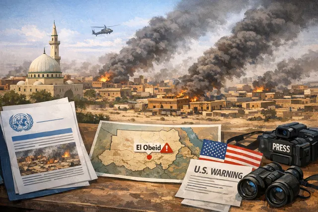 A conceptual image representing the siege of El Obeid, Sudan, with smoke rising over a cityscape, symbolizing the conflict and humanitarian crisis.