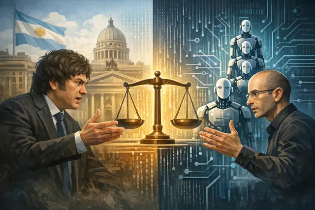 A conceptual illustration representing a clash between a human silhouette and a glowing AI brain, symbolizing the debate on AI legal personhood between Javier Milei and Yuval Noah
