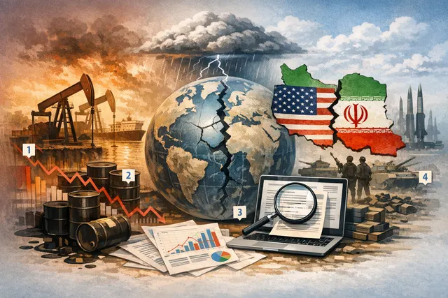 A symbolic representation of a fragile ceasefire, depicting a globe with oil barrels and a cracked peace symbol, set against a dark economic backdrop.