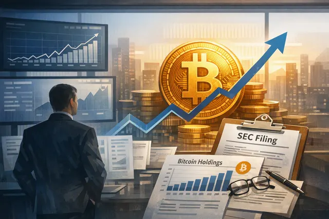 Editorial illustration of Michael Saylor signaling a possible return to Bitcoin buying for Strategy