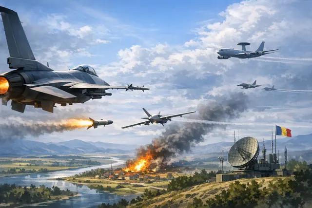 Editorial illustration of NATO fighter jets and layered counter-drone defenses over Eastern Europe