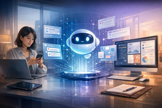 Editorial illustration of Doubao Work as a workplace AI agent connecting office documents, tools and Feishu work context