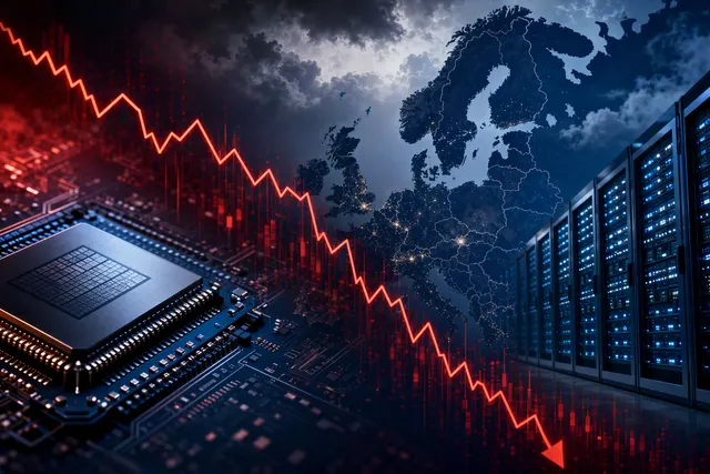 Editorial illustration of European semiconductor and data-center stocks reacting to AI slowdown concerns