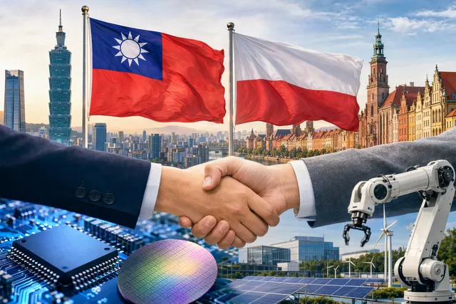 Editorial illustration of Taiwan and Poland cooperation in technology and trade
