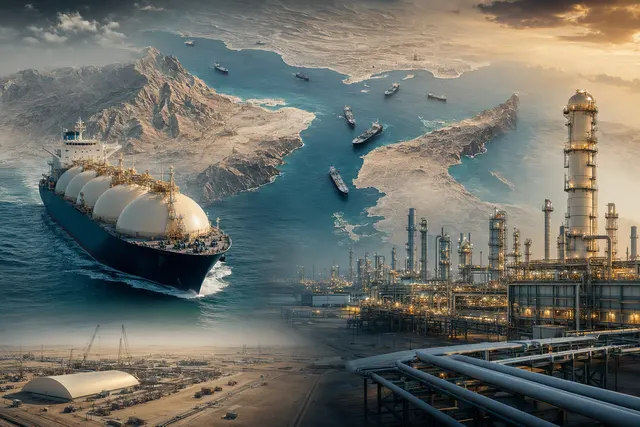 Editorial illustration of QatarEnergy LNG infrastructure and tanker shipping affected by the Strait of Hormuz crisis