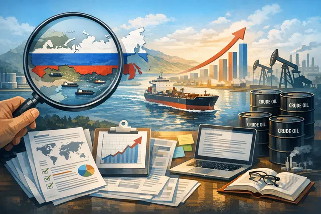Oil tankers and cargo ships navigating near a maritime chokepoint, with a world map and crude oil price chart overlay, illustrating global oil trade routes and supply disruptions.