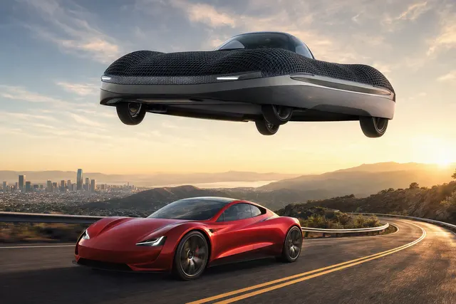 Conceptual editorial illustration of the flying-car rivalry between Alef Aeronautics and Tesla.