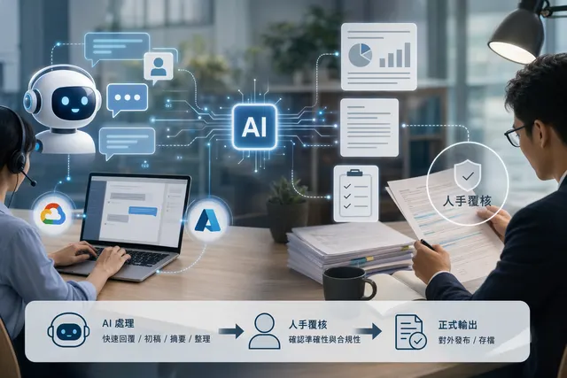AI 輔助客服、報表和文書工作的辦公場景插畫