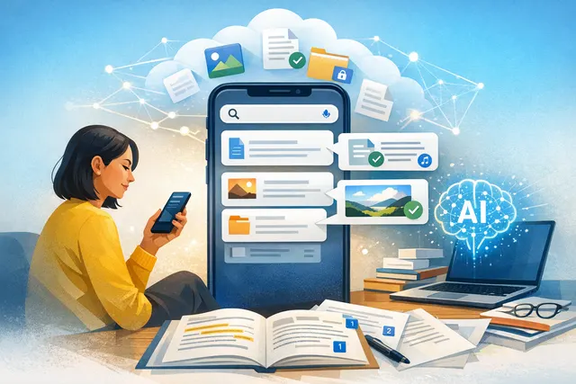 Google Drive mobile app interface with Gemini AI search features prominently displayed, showing AI Overviews and Ask Gemini integration