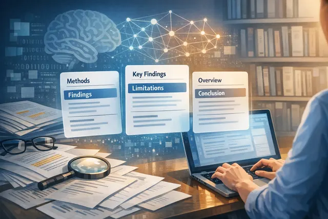 AI-generated illustration of a research paper being transformed into a structured summary card with sections for findings, methods, and limitations.