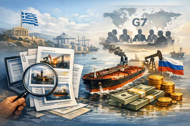 A data visualization of Greek tanker routes transporting Russian crude oil, with financial figures and map elements illustrating the multibillion-dollar trade.