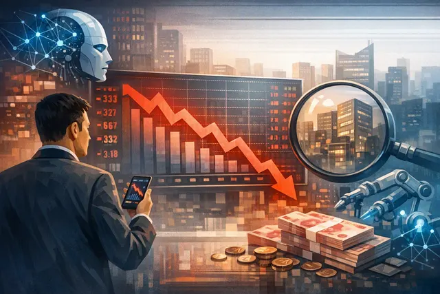 Illustration of Baidu’s AI pivot colliding with declining search advertising and falling stock price