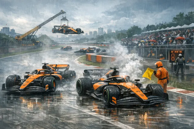 McLaren F1 car on a wet track surface at the Canadian Grand Prix, visual metaphor for the team's failed intermediate tyre strategy gamble.
