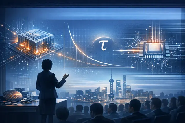 Editorial illustration of Huawei’s Tau Scaling Law, showing semiconductor circuitry and signals moving through a chip