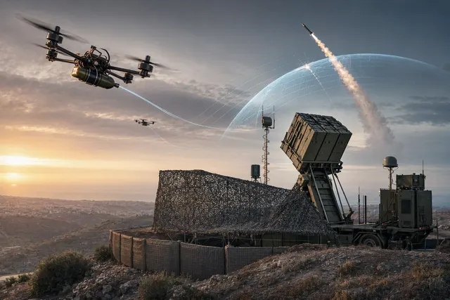 AI-generated illustration of small FPV drones approaching an Iron Dome-style air-defense site near a border