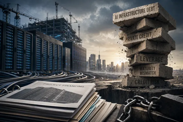 Illustration of data-center servers and financial charts representing AI infrastructure debt risk.