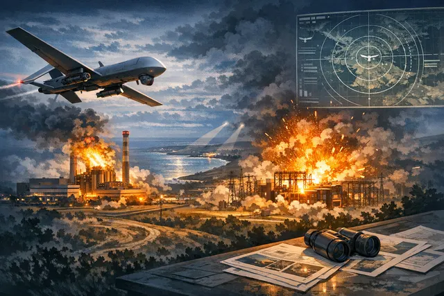 Map of Crimea with markers for drone strikes on Saky Thermal Power Plant, Nekrasivka substation, Kerch Peninsula air defense systems, and blackout zones in June 2025.