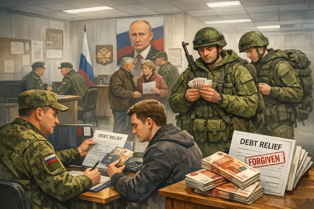 Editorial illustration of a Russian soldier silhouette overlaid on financial documents and ruble banknotes, representing the debt forgiveness recruitment incentive.