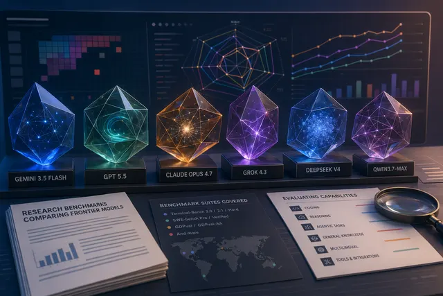 Illustration of multiple frontier AI models competing in benchmarks