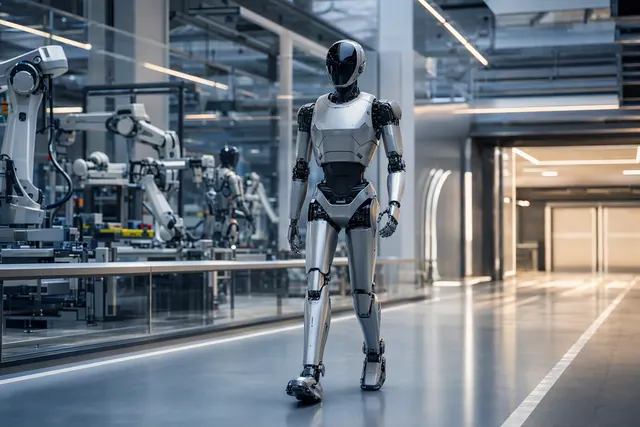 Editorial illustration of XPeng IRON humanoid robot on an automated production line