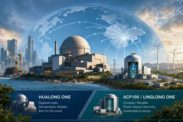 Editorial illustration of China’s Hualong One large reactor and Linglong One small modular reactor strategy