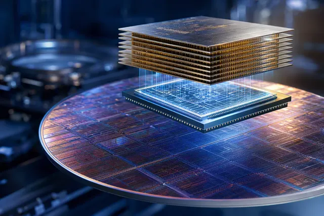 Conceptual illustration of stacked high-bandwidth memory chips and semiconductor manufacturing
