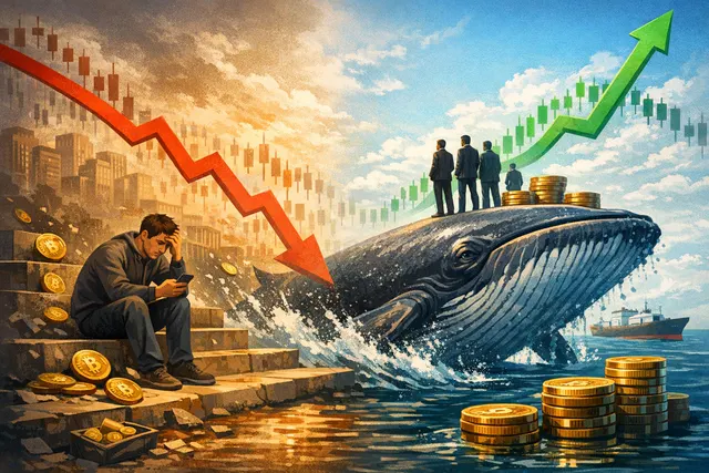 Illustration showing a large Bitcoin coin split down the middle, with one side dissolving into downward red price candles representing a retail selloff, and the other side glowing