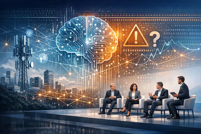Illustration of a telecom network node with AI circuitry and a caution symbol, representing the industry's split between AI revenue optimism and agentic AI caution