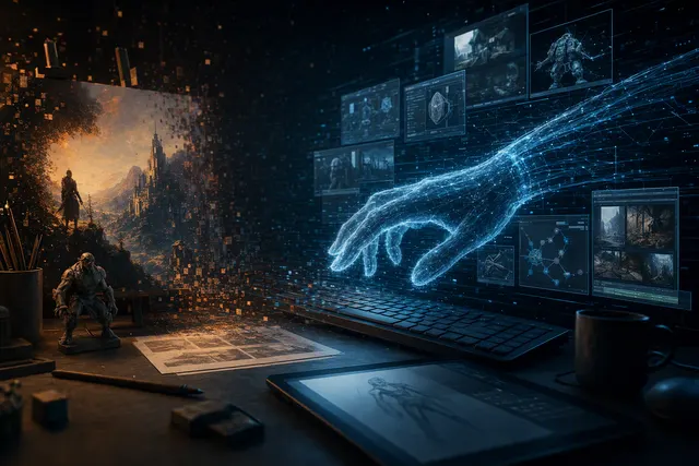 Editorial illustration about AI agents operating creative software for 3D design and music production