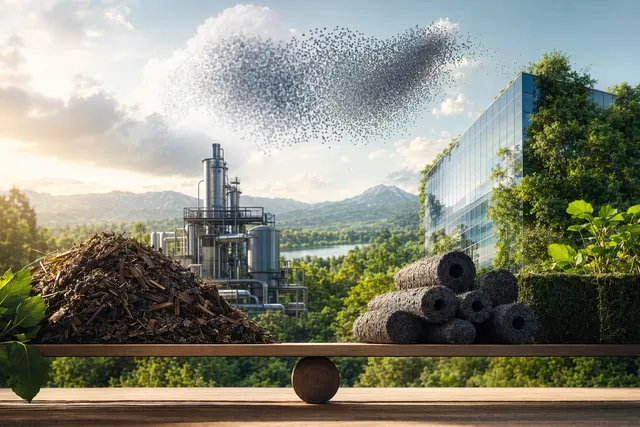 Illustration of carbon capture and storage linked to AI data centers and renewable energy infrastructure