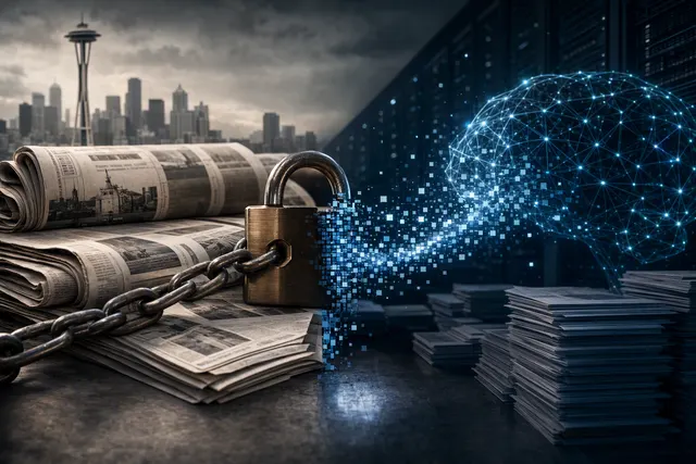 Editorial illustration representing the Seattle Times and Newsday lawsuit against OpenAI and Microsoft over AI training data