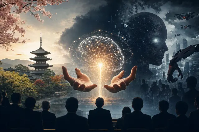 AI-generated illustration about AI safety and international cooperation; it is not a photograph of Masayoshi Son.
