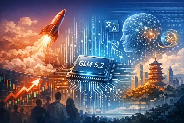 Abstract visualization of a surging stock graph with an AI brain, representing the Zhipu GLM-5.2 launch and market reaction.